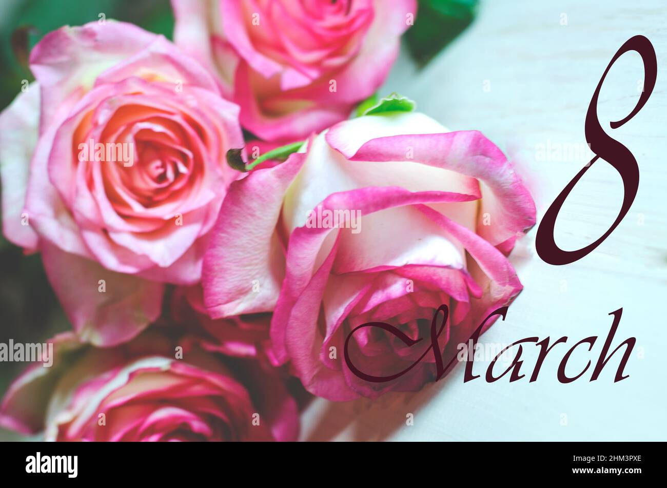 Mars 8 carte de voeux pour la Journée des femmes avec roses et inscription Mars 8. Banque D'Images