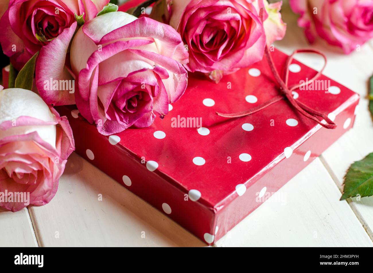 fleurs roses et un cadeau pour une fille Banque D'Images