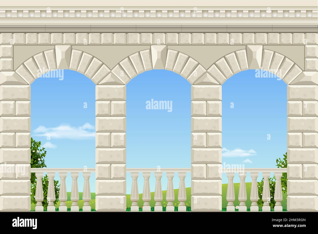 Balcon d'un palais fabuleux de style classique avec vue sur le paysage vert.Graphiques vectoriels Illustration de Vecteur