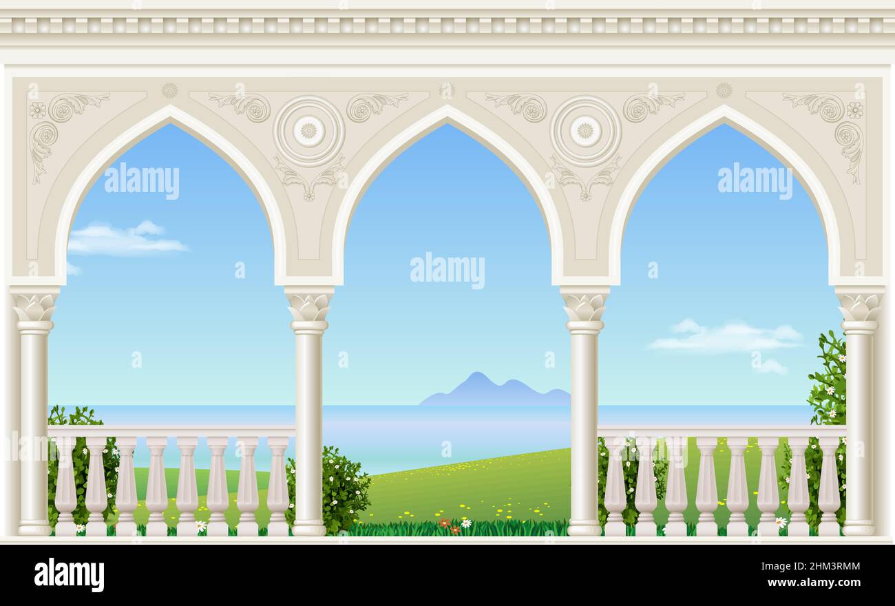 Balcon d'un palais fabuleux de style classique avec vue sur le paysage marin.Graphiques vectoriels Illustration de Vecteur