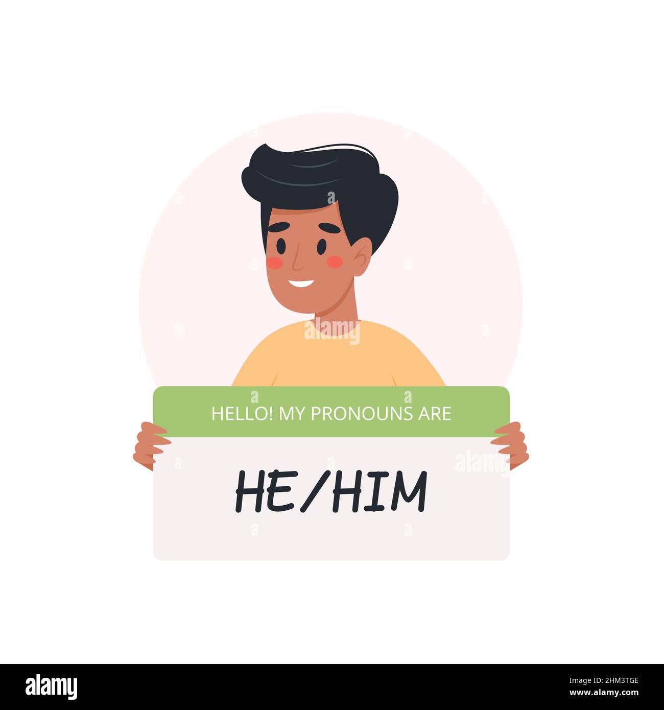 Pronoms de genre - homme tenant signe avec pronom, personnage masculin.Illustration vectorielle de style plat Illustration de Vecteur