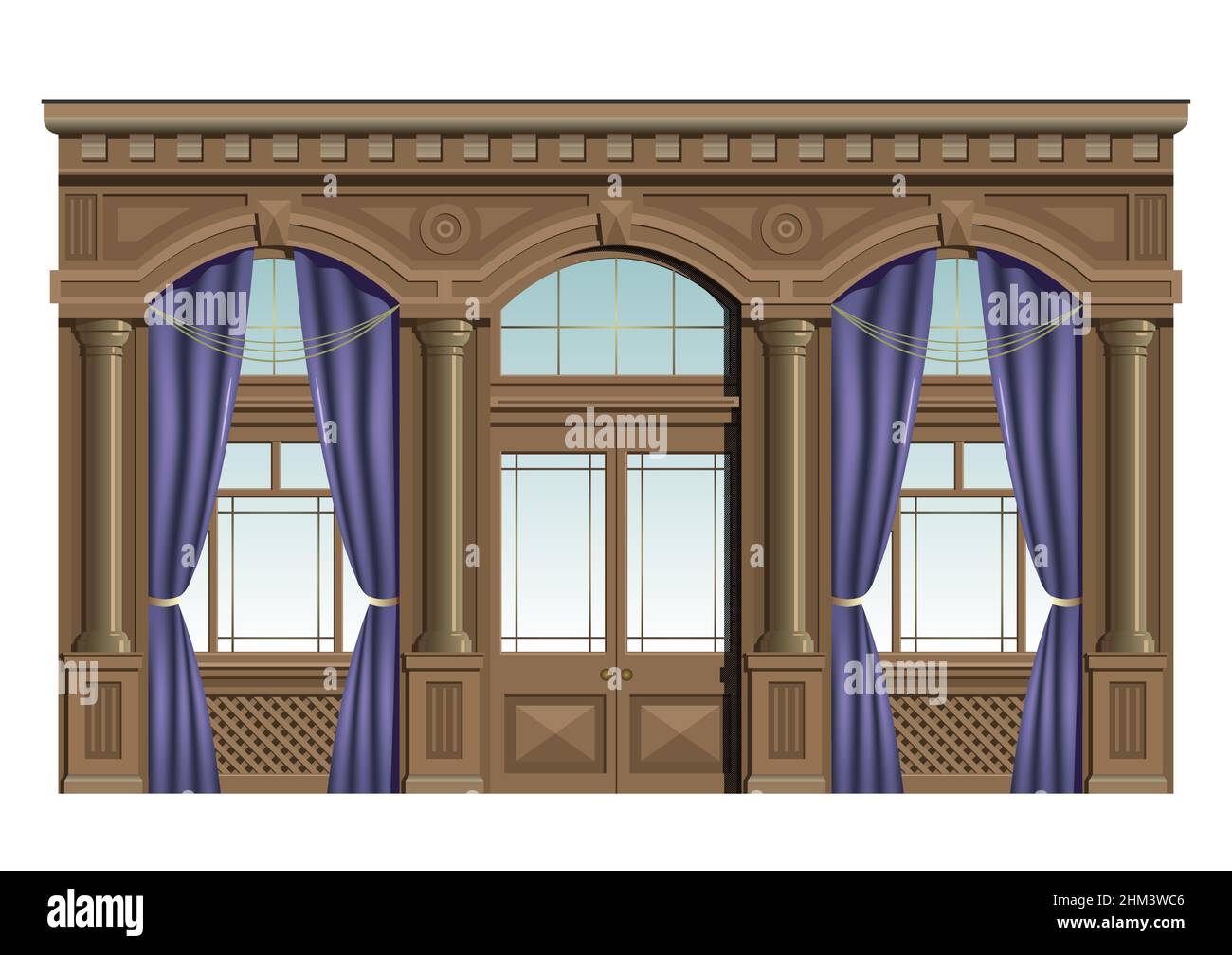 Façade intérieure en bois de style classique avec rideaux, fenêtres, portes de sortie. Illustration de Vecteur