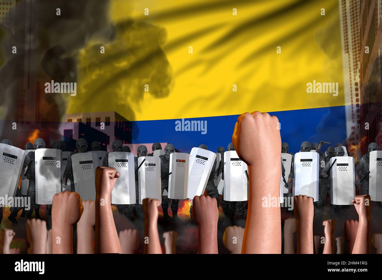 Protestation en Colombie - les gardes de police se tiennent contre la foule en colère sur fond de drapeau, concept d'arrêt de révolte, militaire 3D Illustration Banque D'Images
