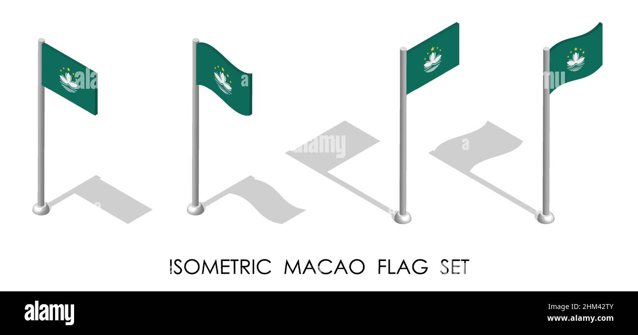 Drapeau isométrique de la République de Macao en position statique et en mouvement sur le mât.vecteur 3d Illustration de Vecteur