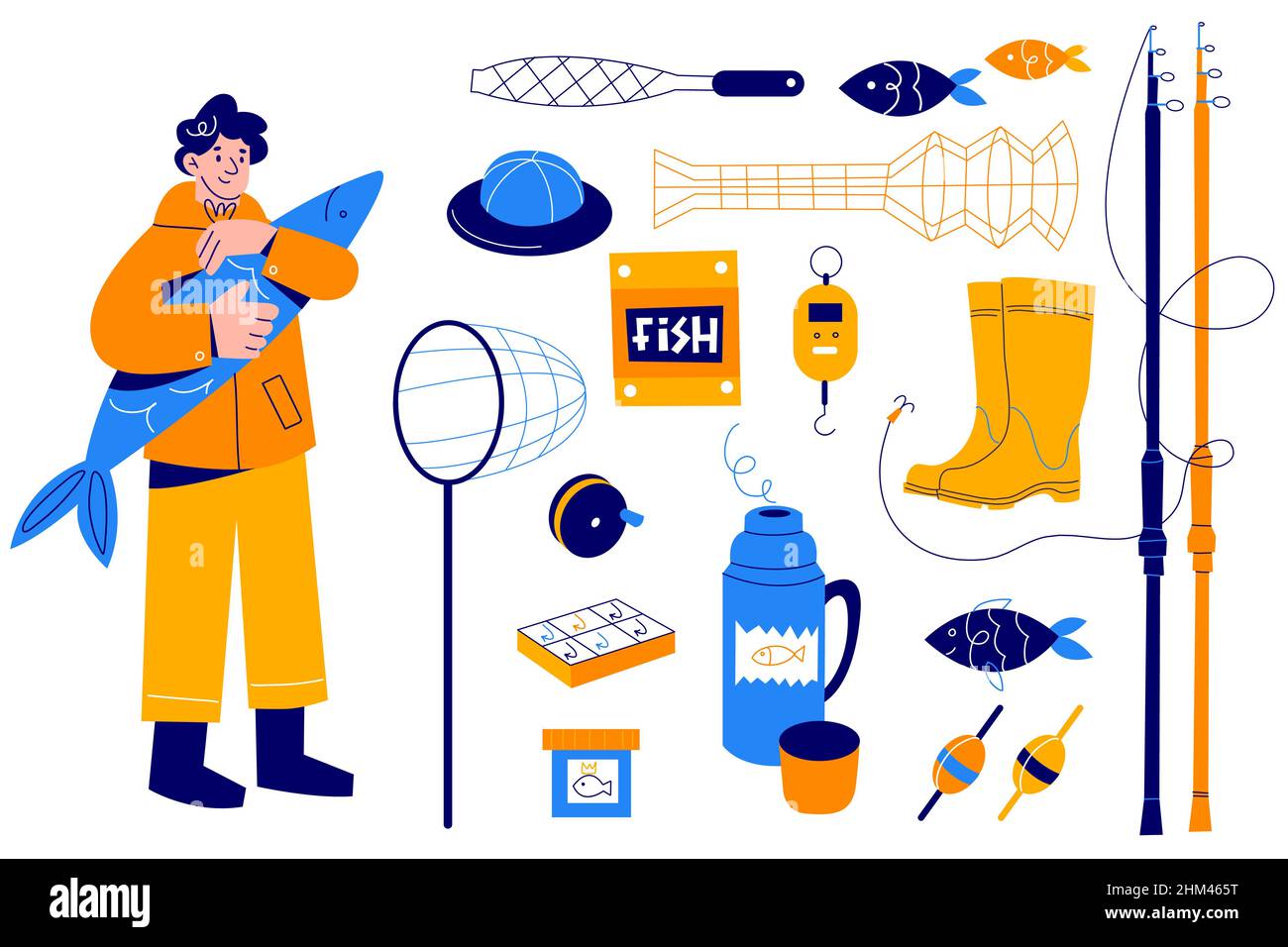 Objets de pêche.Fisher avec différents accessoires, des passe-temps d'extérieur, homme avec équipement et grande prise, flotteurs, thermos et crochets.Tiges de filets et caoutchouc Illustration de Vecteur
