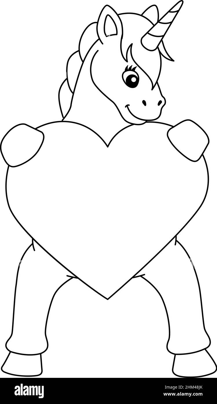 UNICORN embrassant Un coeur coloriage page isolée Illustration de Vecteur