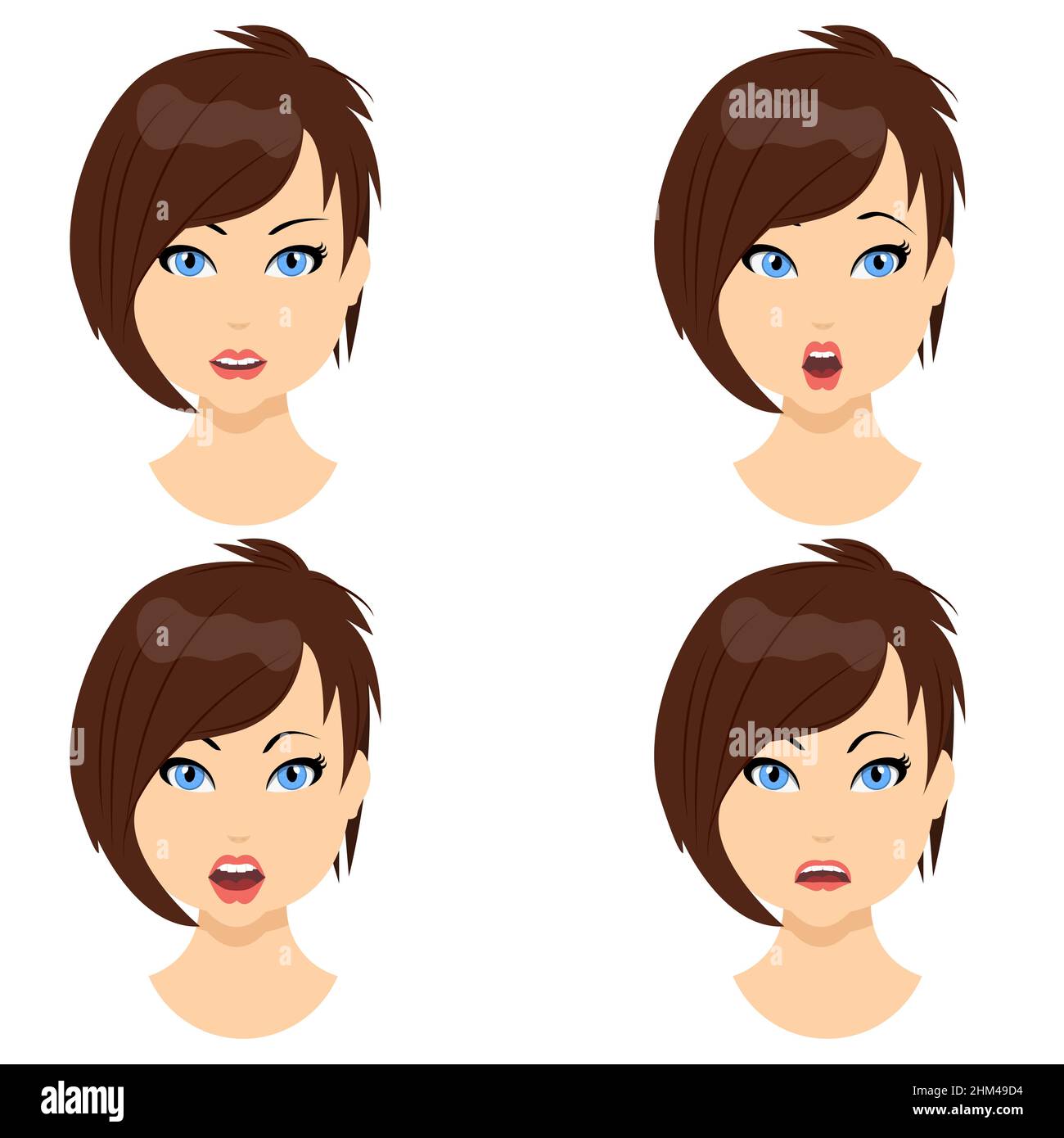 Avatar féminin émotion .Icônes d'image de profil.Joli brunette moderne et simple.Illustration vectorielle de style plat.EPS10 Illustration de Vecteur