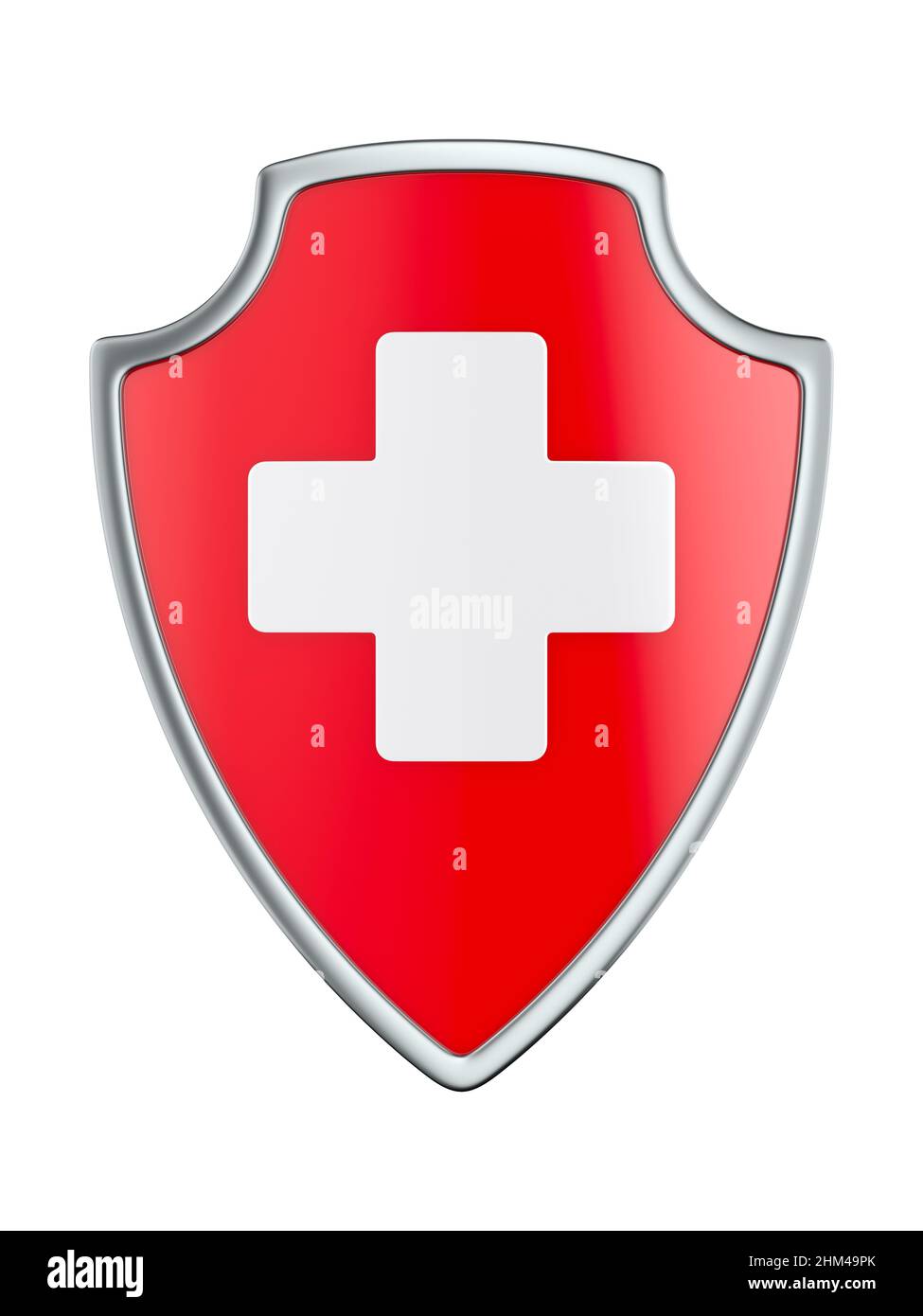 bouclier rouge avec croix blanche sur fond blanc. Illustration isolée 3D Banque D'Images