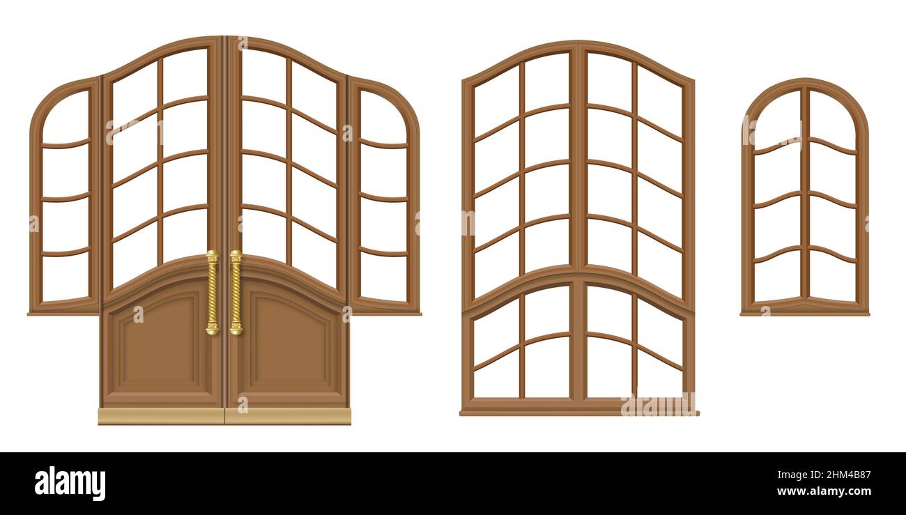 Vecteur.Un ensemble de portes et de fenêtres en bois classiques.Modèles pour la conception.Menuiserie vintage et mobilier Illustration de Vecteur