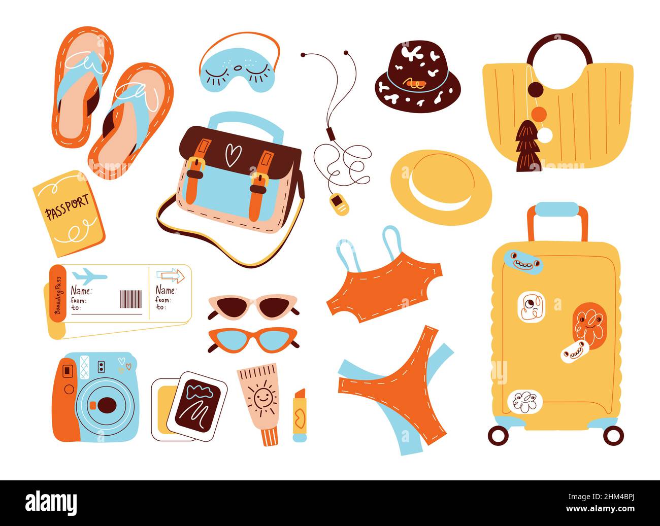 Accessoires de voyage.Équipement de vacances d'été, choses pour le vol, articles de vacances à la plage.Pièces d'identité, billets, bikinis et bagages, station balnéaire Illustration de Vecteur