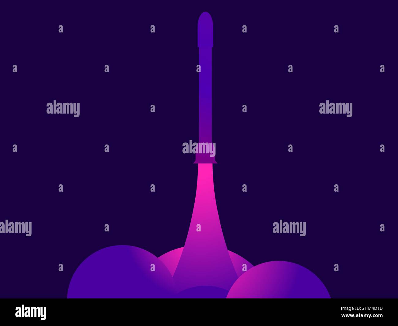 Lancer une fusée dans l'espace.Sortie de la fusée spatiale.Dégradé rose, bleu et violet.Design pour bannières, affiches et articles promotionnels.Le tourisme spatial Illustration de Vecteur