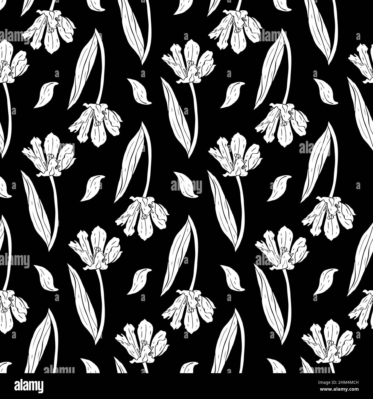 Motif monochrome vintage sans couture avec tulipes fleurs silhouettes blanches sur noir Illustration de Vecteur