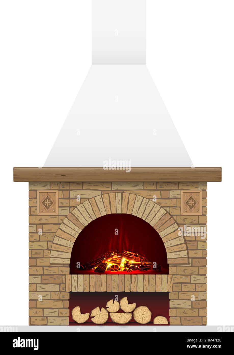 Un foyer de briques ancien avec feu.Arche en brique avec cheminée ou cuisinière Illustration de Vecteur