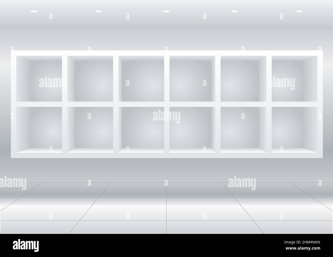 Meubles de cellules blanches ou vitrines pour marchandises, étagères pour marchandises ou bibliothèque Illustration de Vecteur