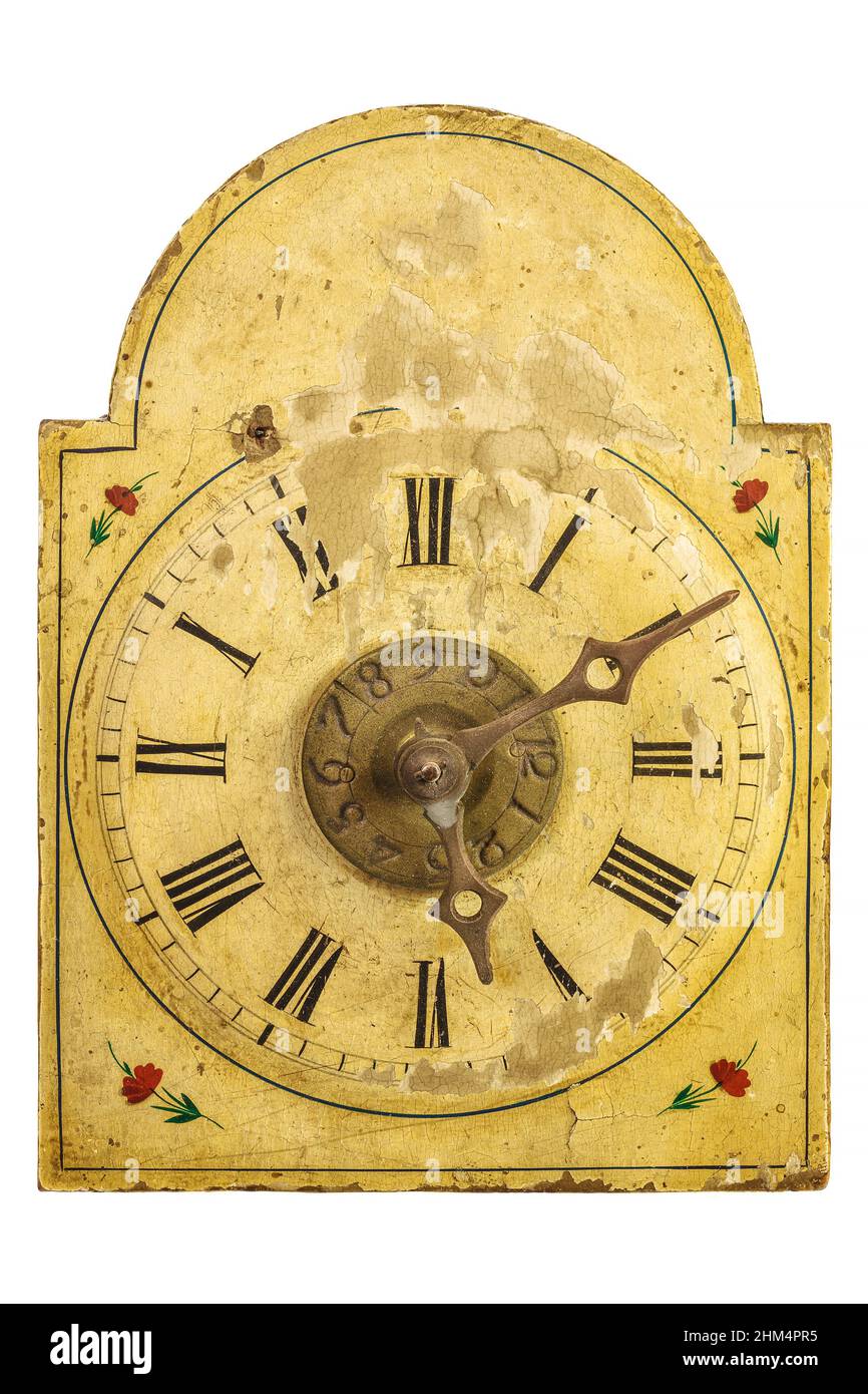 Authentique horloge ornementale du XVIIe siècle isolée sur fond blanc Banque D'Images