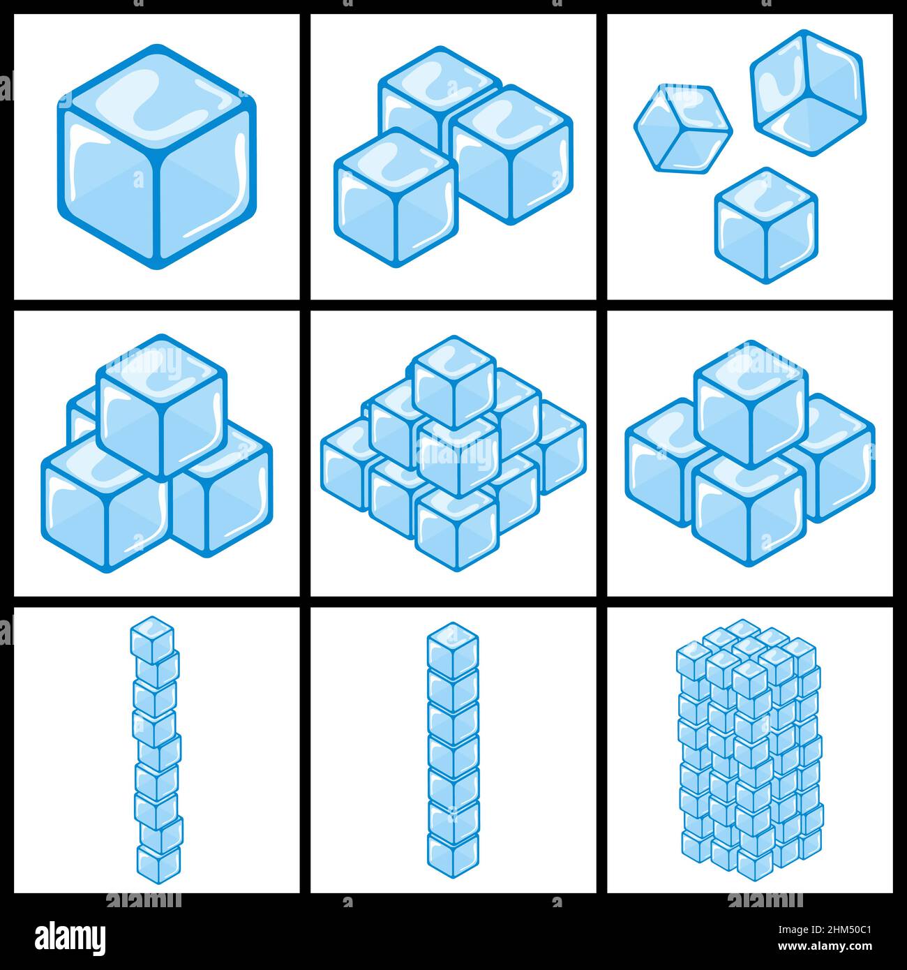 Ensemble d'icônes de cube de glace.Collection de blocs de gel de dessins animés.Illustration vectorielle simple isolée sur fond blanc. Illustration de Vecteur
