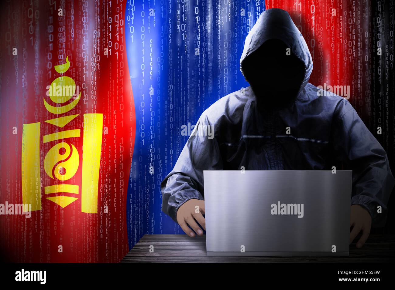 Hacker à capuchon anonyme, drapeau de la Mongolie, code binaire - concept de cyber-attaque Banque D'Images