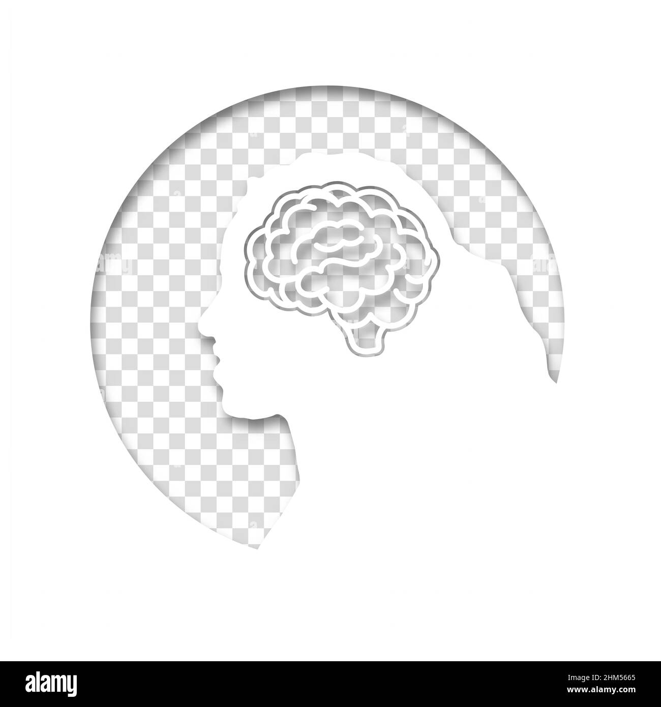 La tête d'une femme ou d'une fille est dans un cercle sur fond transparent.Concept médical icône des maladies du cerveau, troubles psychologiques.Coupe de papier Illustration de Vecteur