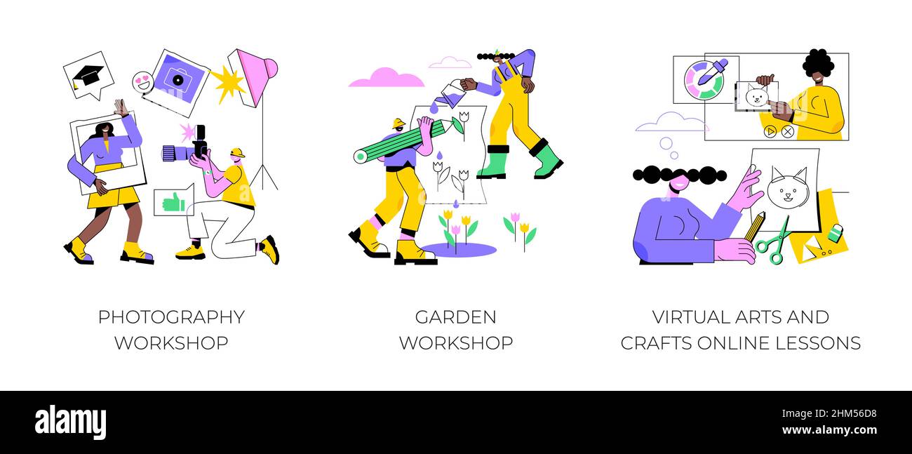 Kit d'illustrations vectorielles abstraites de cours éducatifs gratuits.Atelier de photographie et de jardin, cours en ligne d'art virtuel et d'artisanat, améliorer les compétences, laboratoire de création, métaphore abstraite de bricolage. Illustration de Vecteur