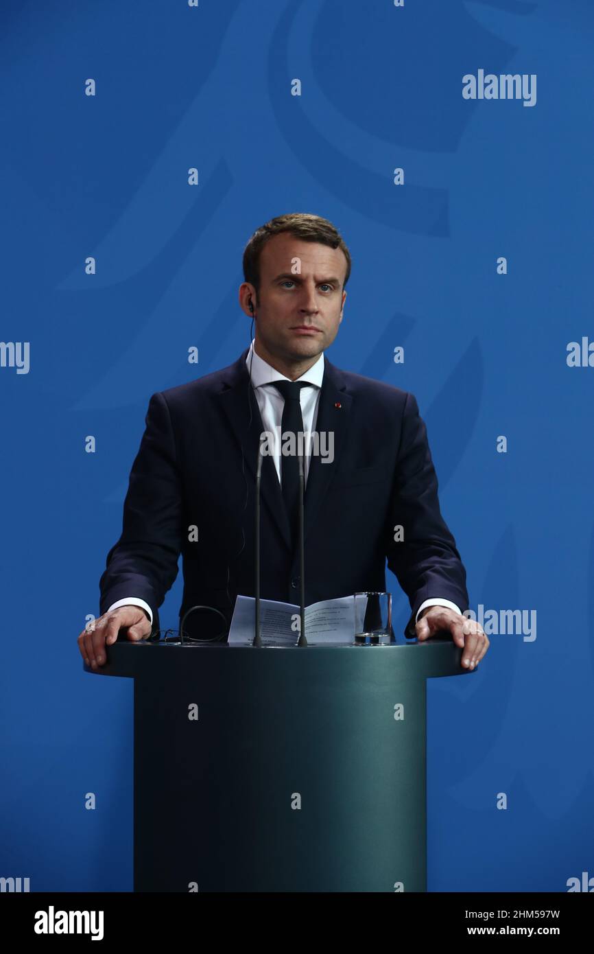 Berlin, Allemagne, 15,5.17, le président français Emmanuel Macron assiste à la visite d'État du président français Emmanuel Macron à Berlin, Bundeskanzleramt crédit: Banque D'Images