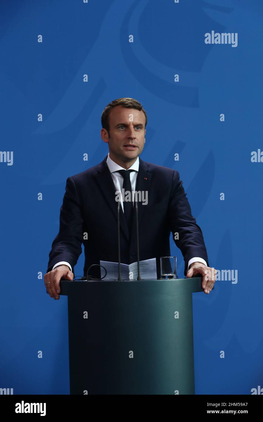 Berlin, Allemagne, 15,5.17, le président français Emmanuel Macron assiste à la visite d'État du président français Emmanuel Macron à Berlin, Bundeskanzleramt crédit: Banque D'Images