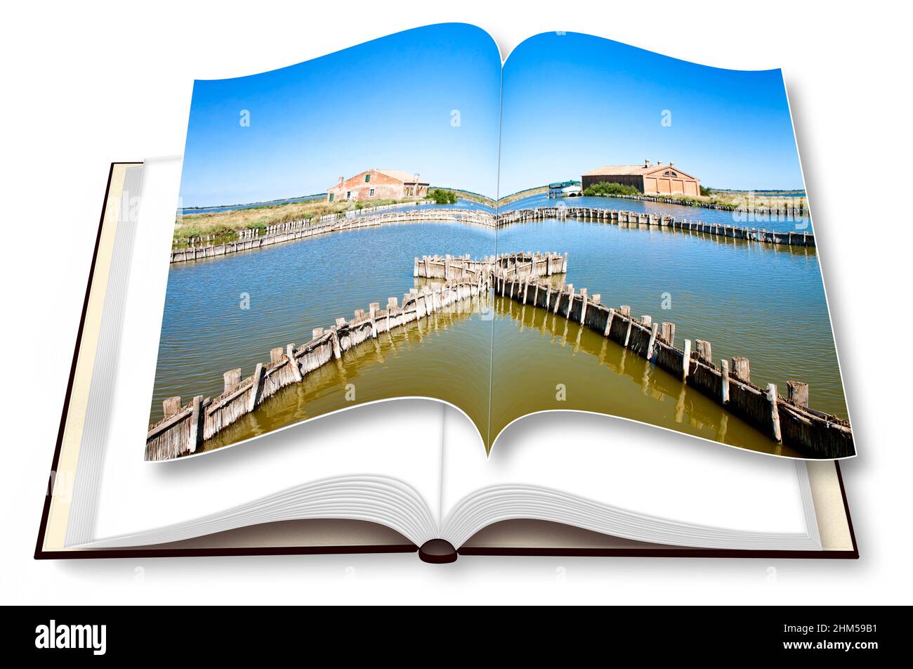 Les vallées de Comacchio (Italie), zone protégée italienne de l'UNESCO, sont connues dans le monde entier pour la pêche à l'anguille - photo-livre image concept Banque D'Images