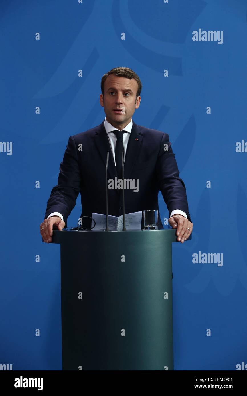 Berlin, Allemagne, 15,5.17, le président français Emmanuel Macron assiste à la visite d'État du président français Emmanuel Macron à Berlin, Bundeskanzleramt crédit: Banque D'Images