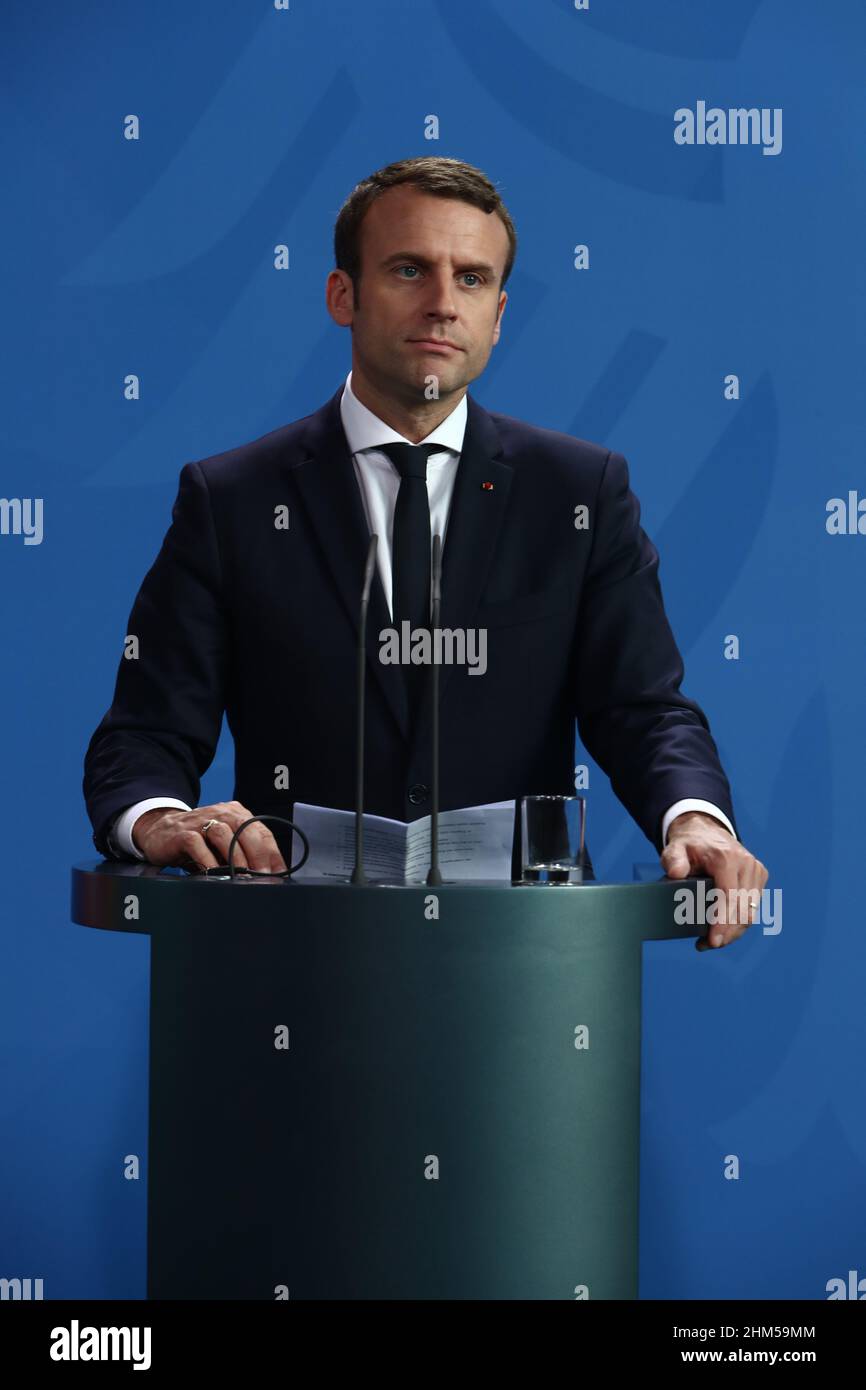 Berlin, Allemagne, 15,5.17, le président français Emmanuel Macron assiste à la visite d'État du président français Emmanuel Macron à Berlin, Bundeskanzleramt crédit: Banque D'Images