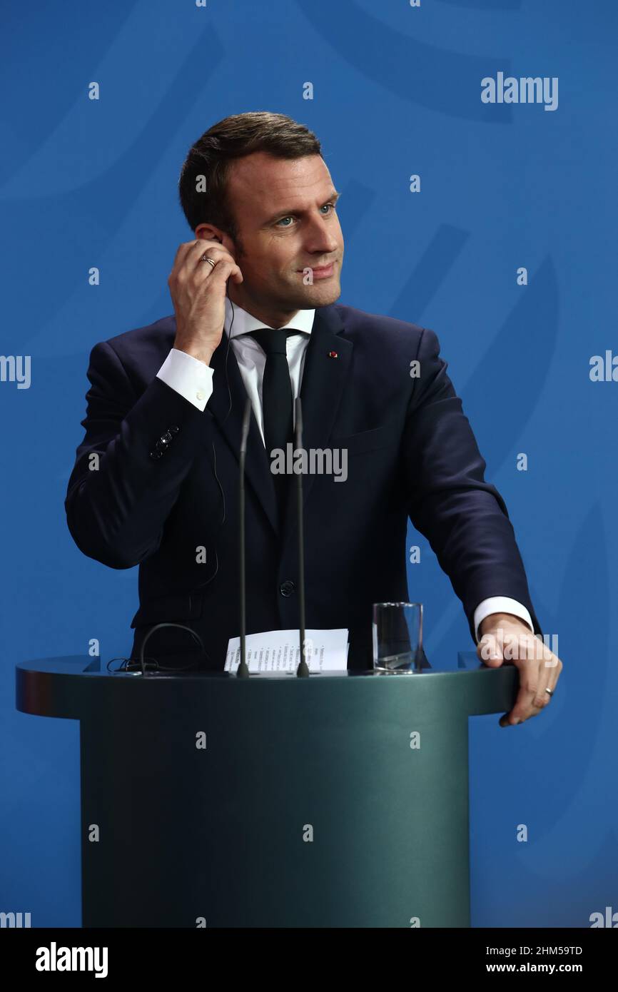 Berlin, Allemagne, 15,5.17, le président français Emmanuel Macron assiste à la visite d'État du président français Emmanuel Macron à Berlin, Bundeskanzleramt crédit: Banque D'Images