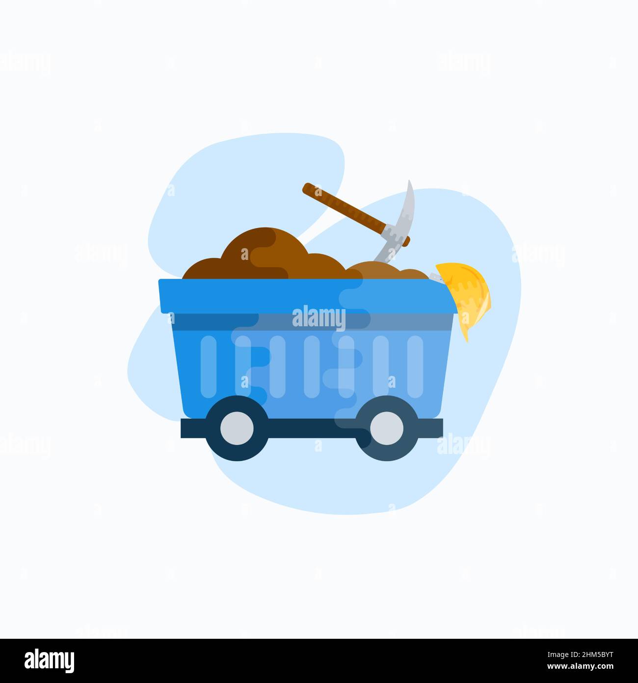Icône de vecteur d'extraction.Chariot de style plat avec pierres de minerai, pioche et casque de casque de hardhat jaune isolé Illustration de Vecteur