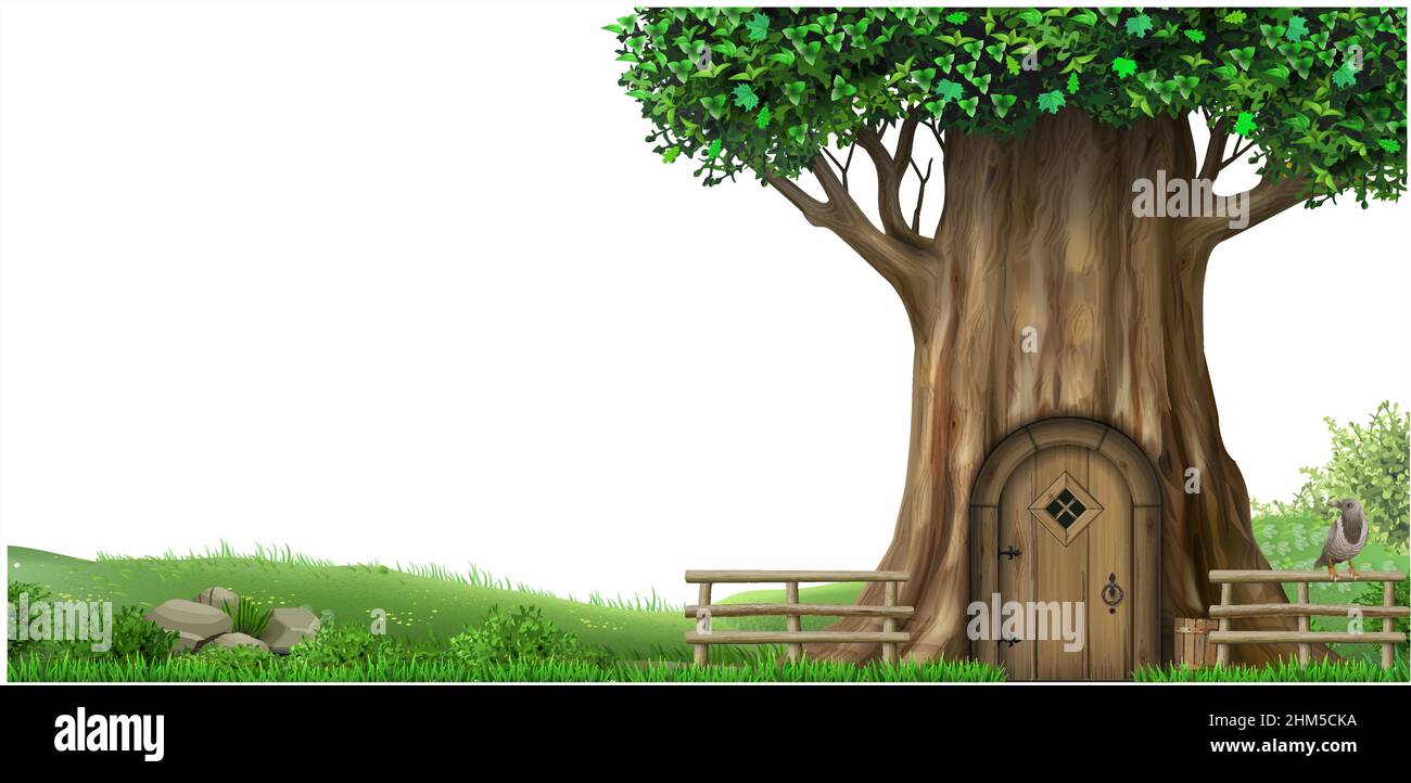 Paysage fantastique et fantastique avec une maison d'arbre Illustration de Vecteur