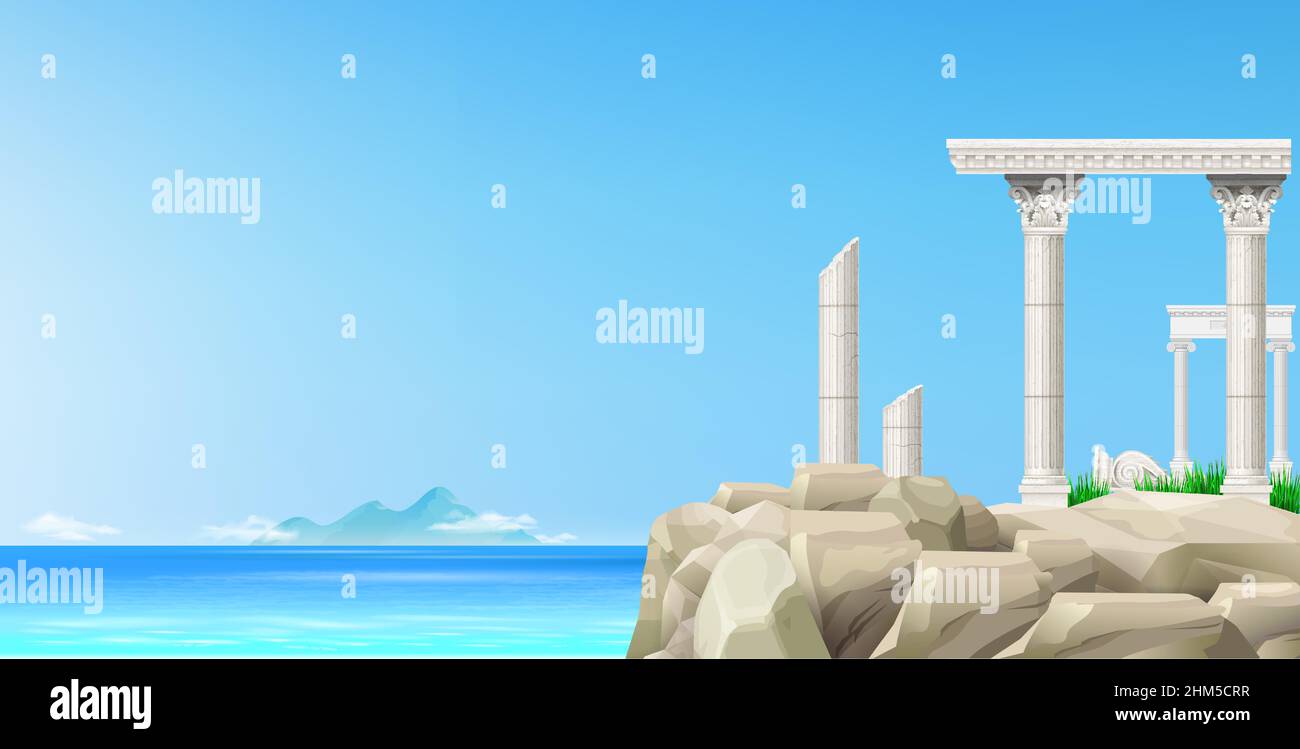 Paysage bleu mer et ruines antiques en pierre Illustration de Vecteur