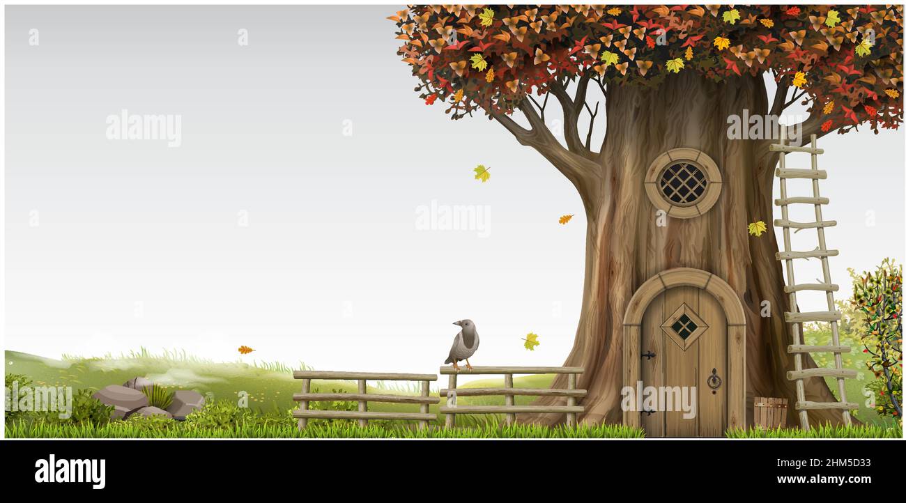 Paysage fantastique et fantastique avec une maison d'arbre Illustration de Vecteur