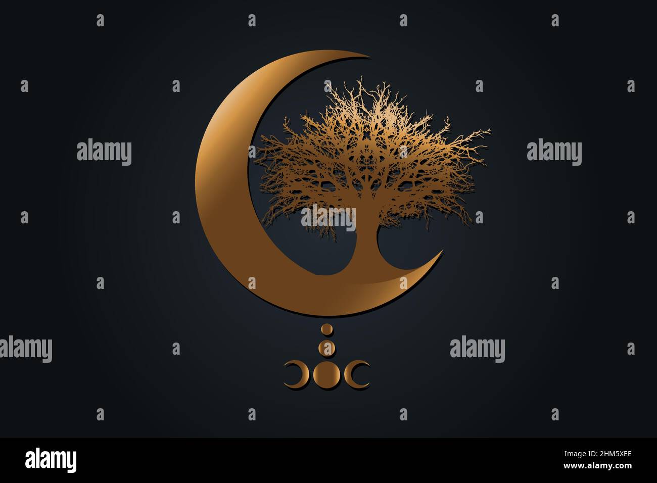 Or Mystique Lune, arbre de vie signe de Wicca.Géométrie sacrée.Golden luxe logo, Crescent Moon, demi-lune païen Wiccan symbole de la triple déesse, énergie Illustration de Vecteur