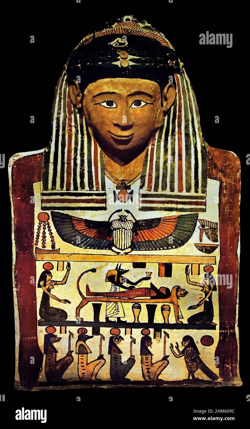 Masque de Cartonnage avec momification scène, période Ptolemaic, (332-30BC), Egypte (Museo Egizio di Torino Italie) Banque D'Images