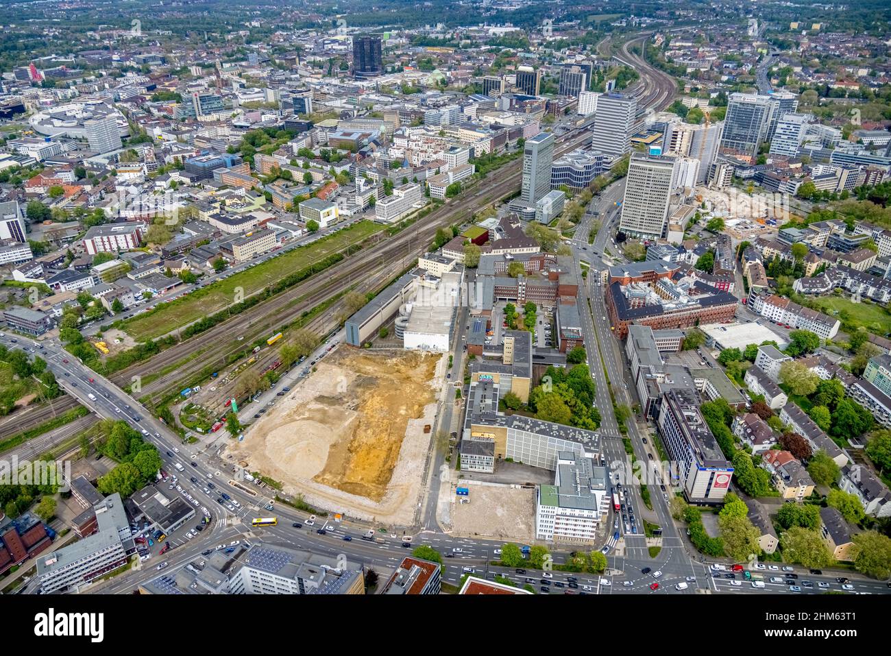 Vue aérienne, zone de construction pour le nouveau quartier de la littérature, travaux de démolition ancien quartier des journaux, Südviertel, Essen, région de Ruhr, Rhénanie-du-Nord-Westphalie Banque D'Images