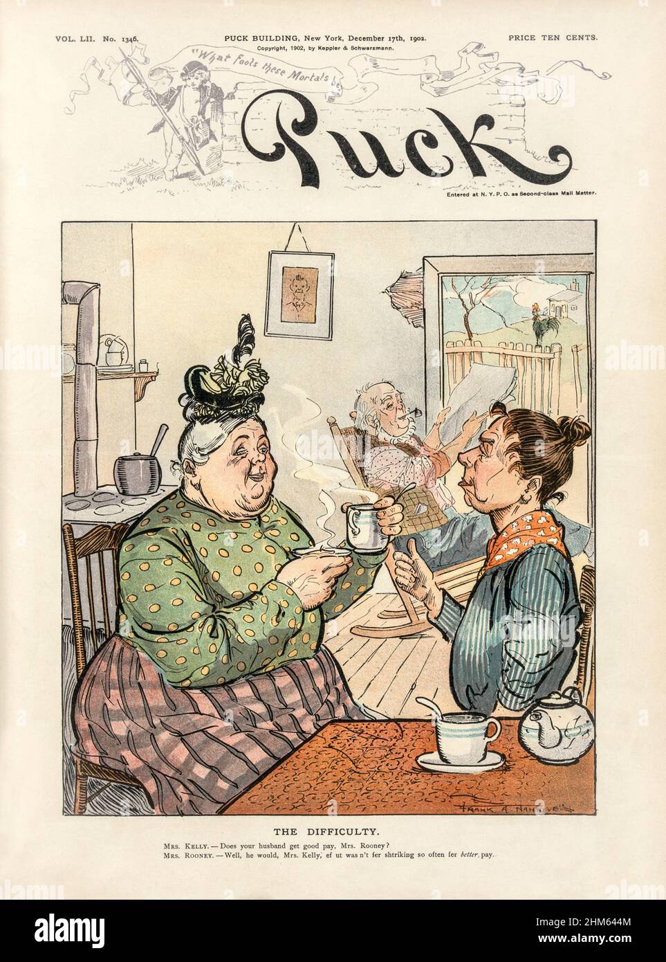 Une couverture du magazine American Puck du début du siècle 20th avec un dessin animé montrant deux femmes irlandaises parlant dans une cuisine autour d'une tasse de thé ; en arrière-plan, un vieil homme est assis dans une chaise à bascule, lisant le journal. Banque D'Images