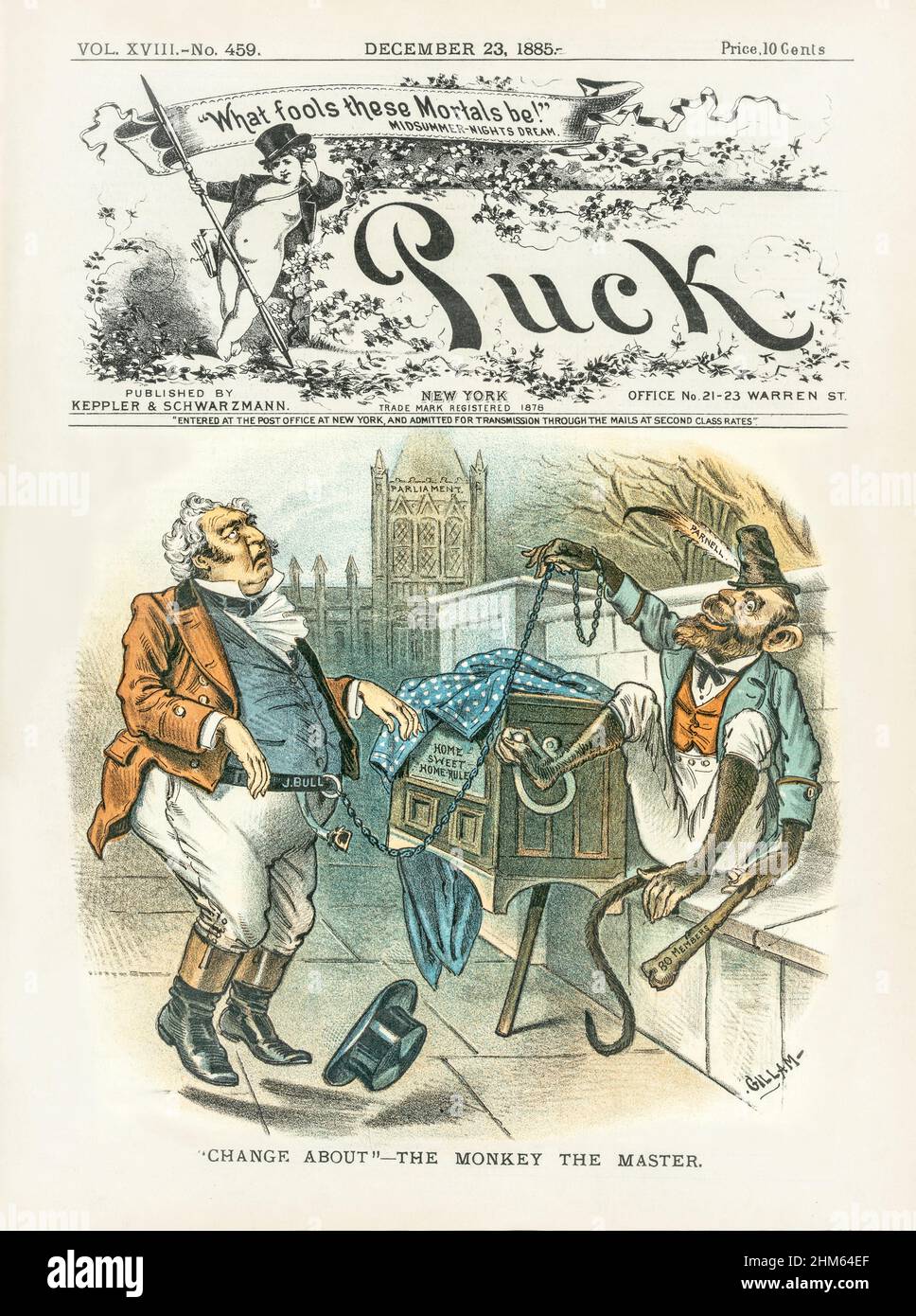 Une couverture de fin de 19th siècle American Puck Magazine avec une bande dessinée d'un singe tournant la manivelle sur un orgue étiqueté 'Home Sweet Home Rule' avec un pied. Il porte un chapeau avec une plume appelée 'Parnell', et tient un shillelagh étiqueté '80 membres' dans une main et dans l'autre une chaîne attachée à la ceinture d'un homme britannique étiqueté 'J. Bull' (John Bull), qui danse. Le bâtiment britannique du « Parlement » est en arrière-plan. Banque D'Images