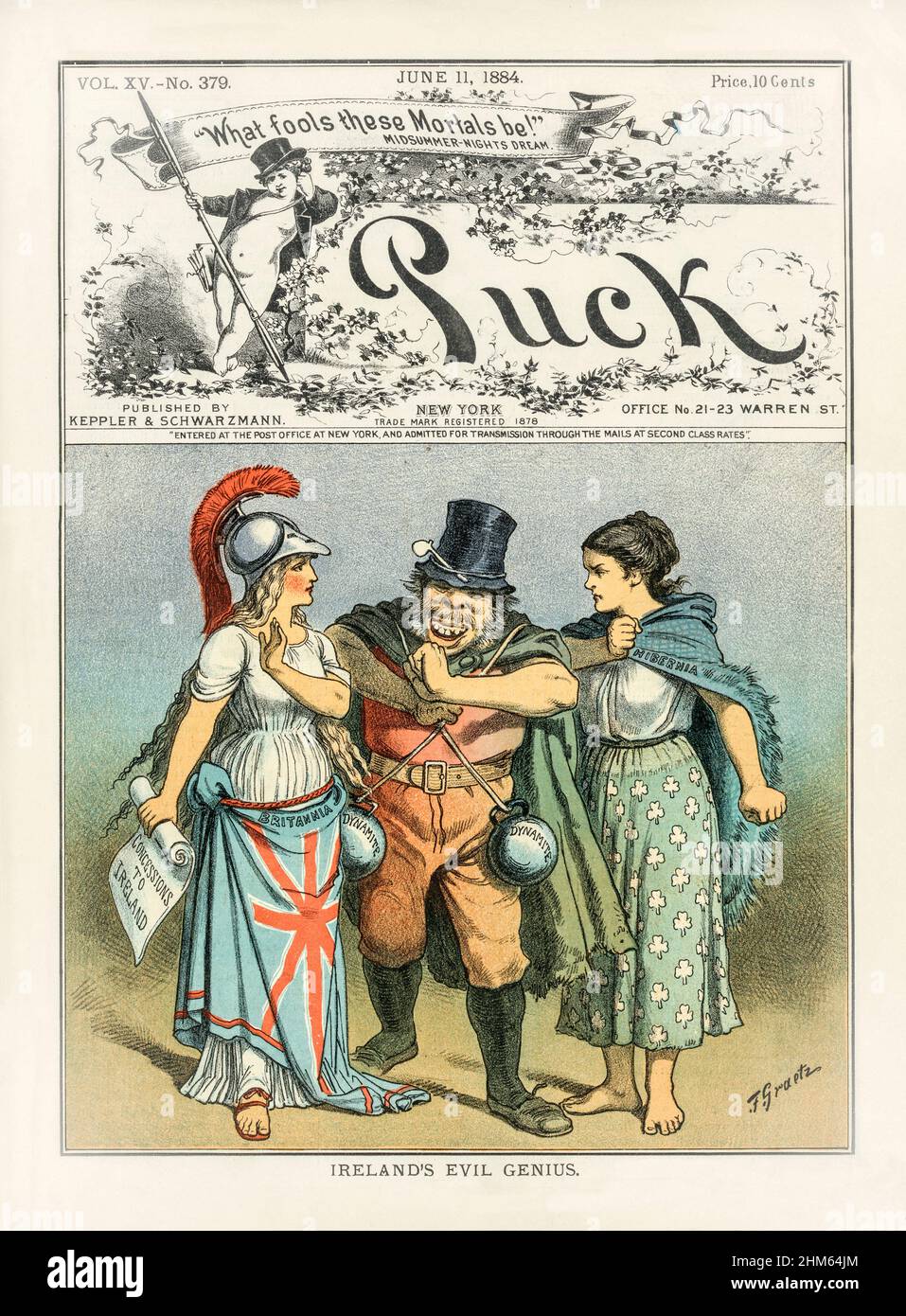 Une couverture du American Puck Magazine de la fin du 19th siècle avec une caricature de « Britannia » debout à gauche, tenant des « concessions à l'Irlande » et « Hibernia » debout à droite dans une posture militante ; entre eux, il s'agit d'un homme qui a l'air malin avec deux bombes « dynamiques » accrochés sur ses épaules. Banque D'Images