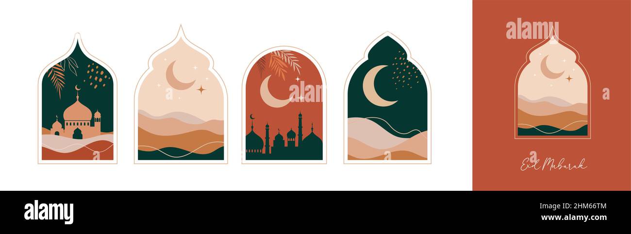 Collection de fenêtres et d'arches islamiques de style oriental au design boho moderne, lune, dôme de mosquée et lanternes Illustration de Vecteur