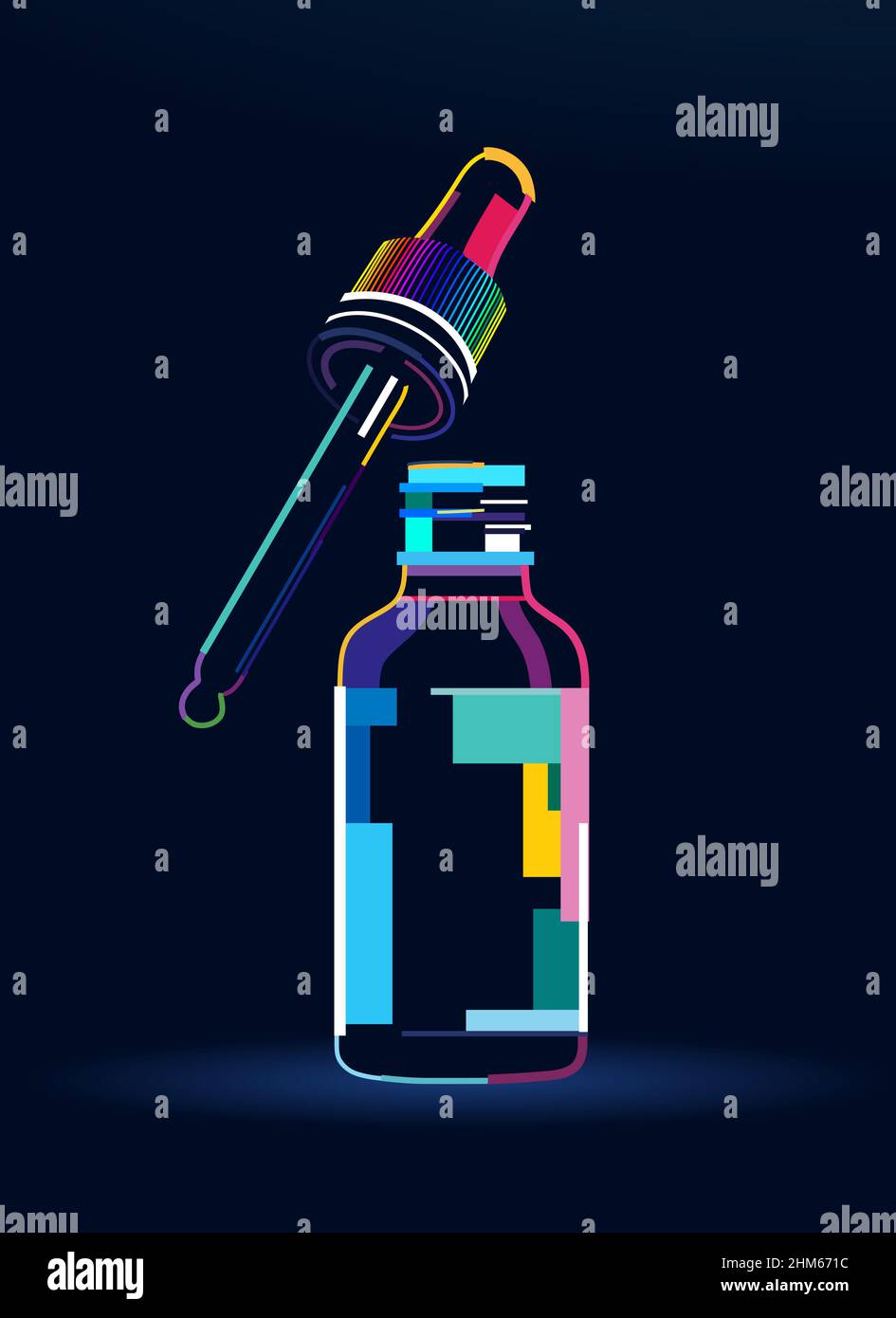 Flacon compte-gouttes cosmétique abstrait.Flacon de sérum avec maquette de pipette goutte.Flacon pour la médecine à partir de peintures multicolores.Mise en plan colorée.Illustrateur vectoriel Illustration de Vecteur