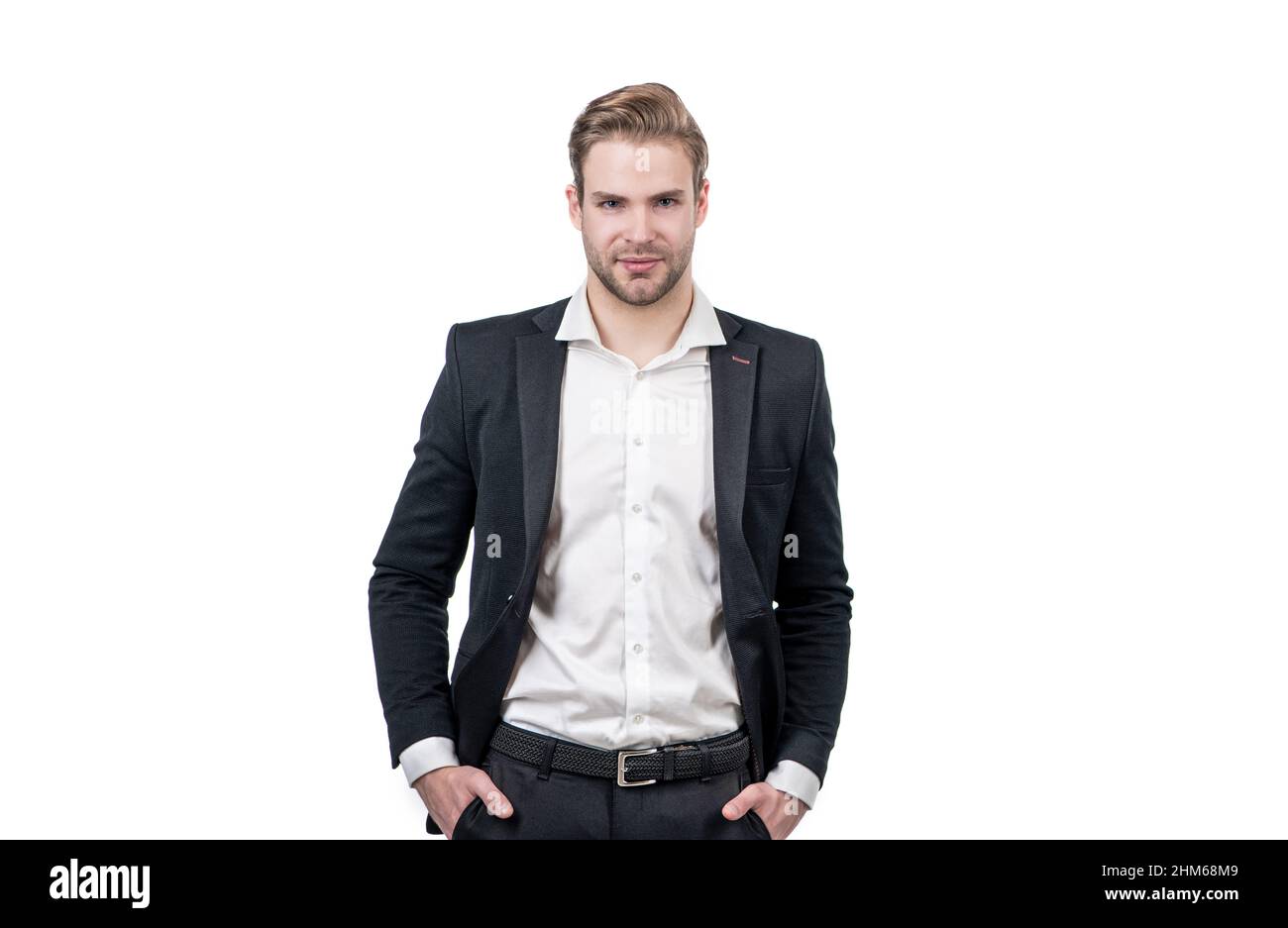 Le gars est un directeur junior. Directeur commercial isolé sur blanc. Homme professionnel sérieux Banque D'Images