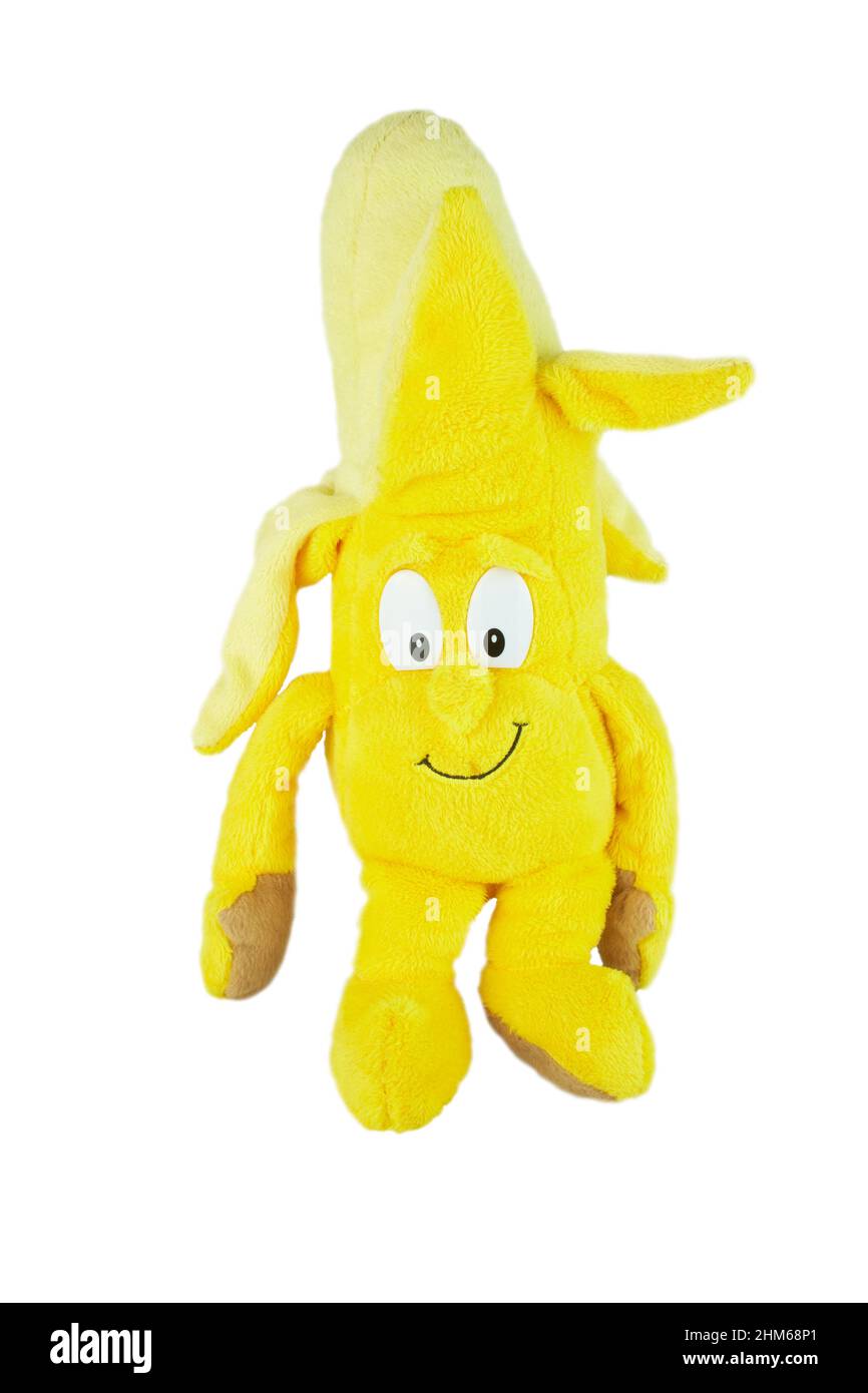 Banane jaune. Jouet en peluche en forme de fruit. Isolé sur fond blanc sans  ombre Photo Stock - Alamy