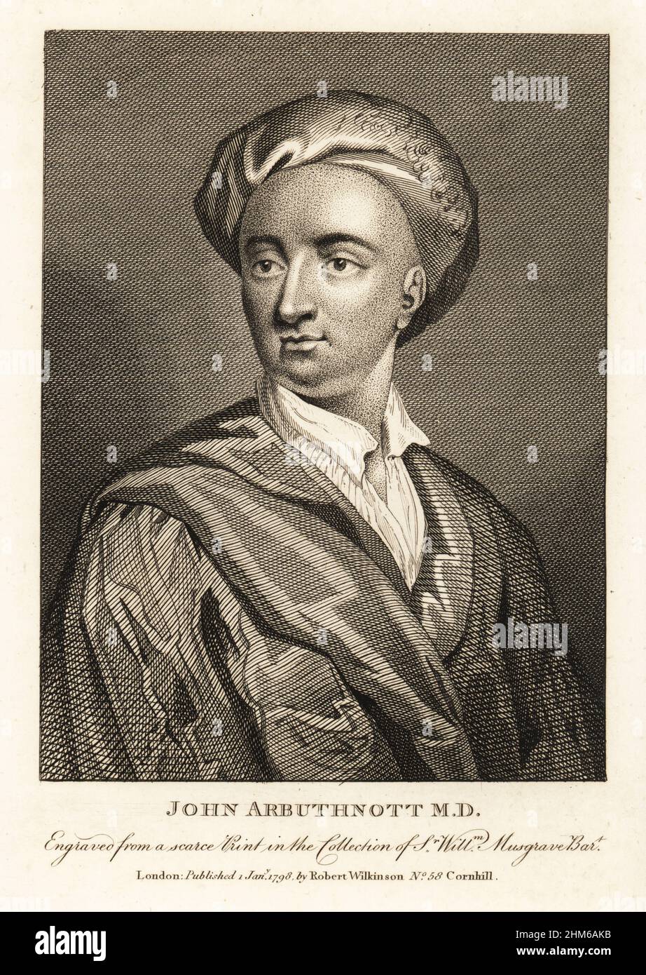 John Arbuthnot FRS, médecin écossais, satiriste et polymath, 1667-1735.John Arbuthnott M.D.Gravé à partir d'un rare imprimé dans la collection de Sir William Musgrave après un portrait de Godfrey Kneller.Gravure sur plaque de coperplate d’Iconographia Scotica de John Smith, ou portraits d’illustres habitants d’Écosse, Robert Wilkinson, 58 Cornhill, Londres, 1798. Banque D'Images