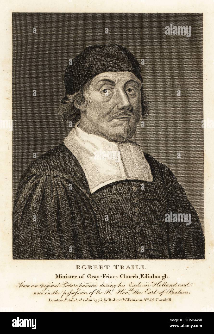 Robert Traill, aumônier écossais et préarchiviste, 1603-1678.Le ministre d'Old Greyfriars, accusé de haute trahison en 1662, s'est enfui aux pays-Bas et est revenu mourir en Écosse en 1678.Enterré à l'église Greyfriars, Édimbourg.Gravure sur plaque de coperplate d’Iconographia Scotica de John Smith, ou portraits d’illustres habitants d’Écosse, Robert Wilkinson, 58 Cornhill, Londres, 1798. Banque D'Images