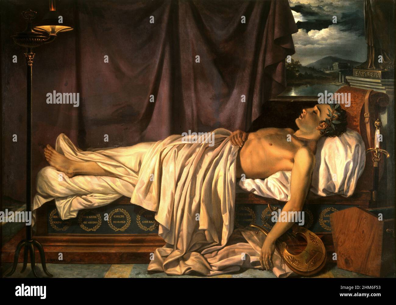 Un portrait du poète anglais Lord Byron (nom complet George Gordon Byron, 6th Baron Byron) sur son lit de mort en 1824.Byron est mort, probablement de sepsis, âgé de 36 ans.Peinture par Oseph Denis Odevaere Banque D'Images