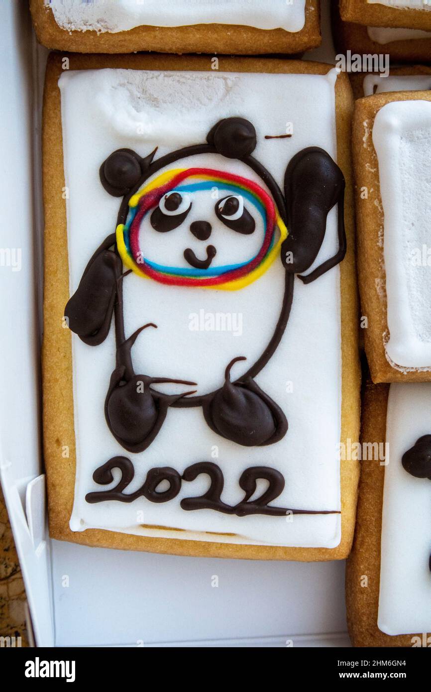 22 Beijing Hebei Chine Gateau Avec Panda Bing Dwen Dwen Mascotte Des Jeux Olympiques D Hiver A Beijing Les Confiseurs De La Capitale Chinoise Ont Lance Des Gateaux Avec Des Anneaux Olympiques Des