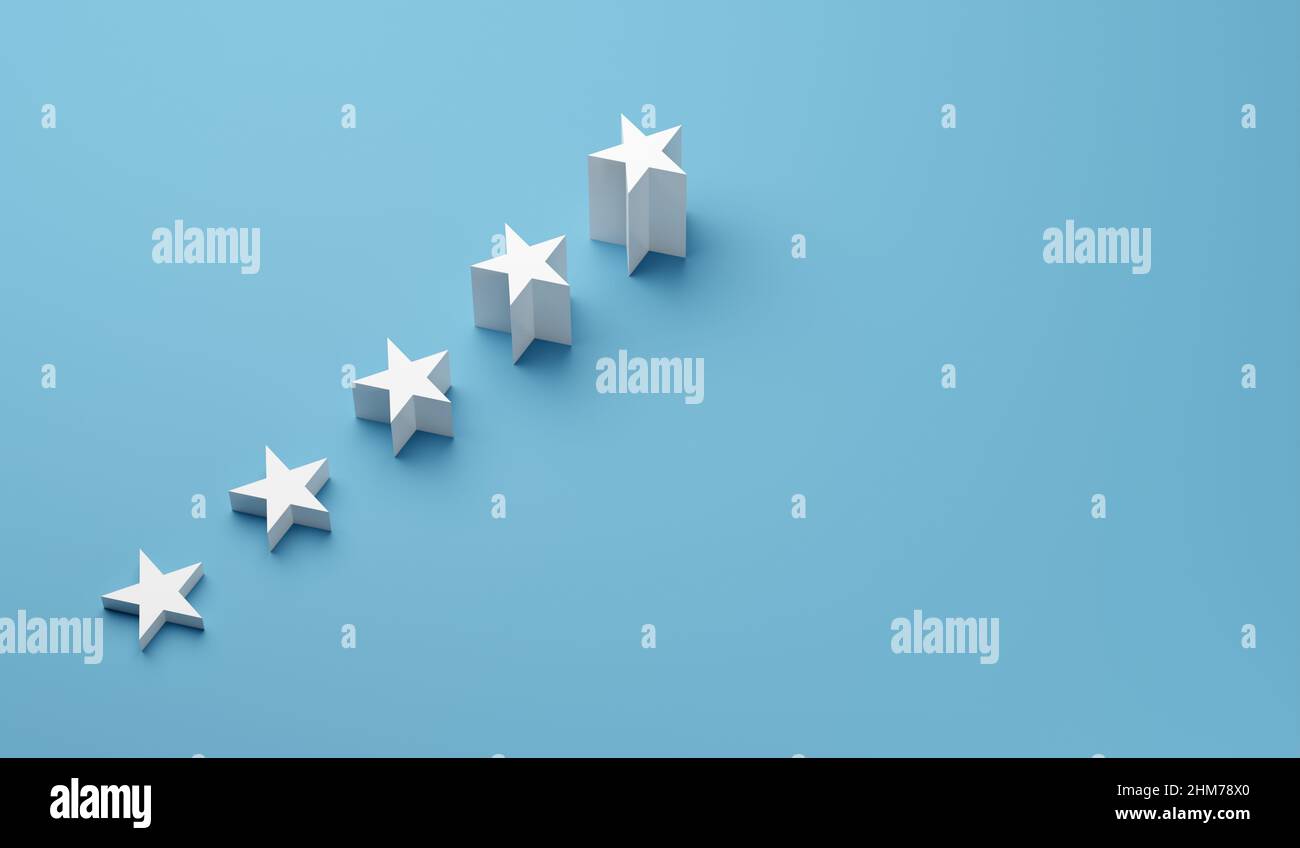 Cinq étoiles avec une cote de plus en plus élevée sur fond bleu. Augmentation des notes positives ou du concept de classement 3D rendu. Banque D'Images