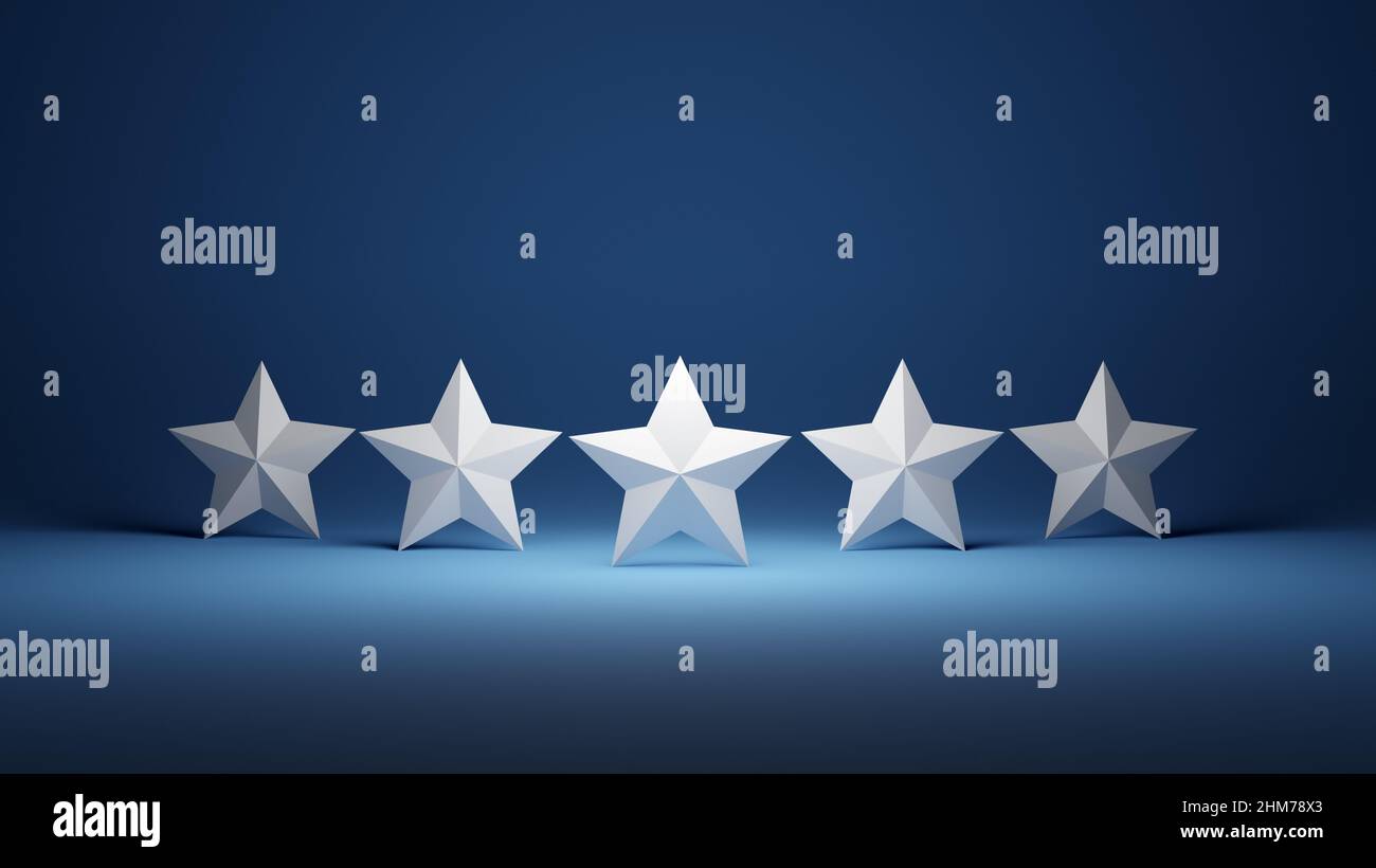 Cinq étoiles alignées sur une rangée sur la scène avec un fond bleu cinq étoiles indiquent le rendu du concept 3D. Banque D'Images