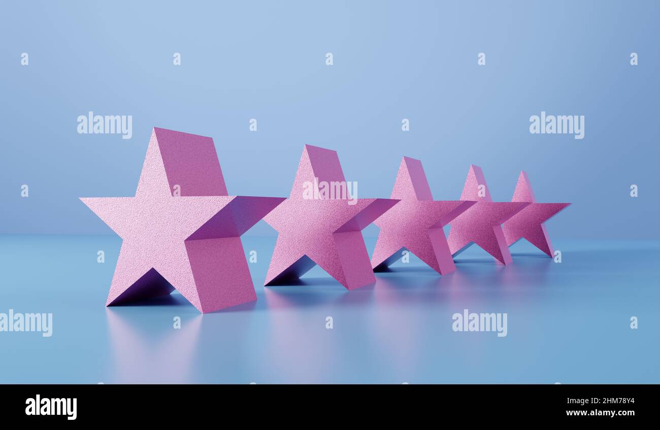 Cinq étoiles roses de suite sur fond bleu. Le concept 3D de satisfaction client ou de satisfaction client à cinq étoiles est rendu. Banque D'Images